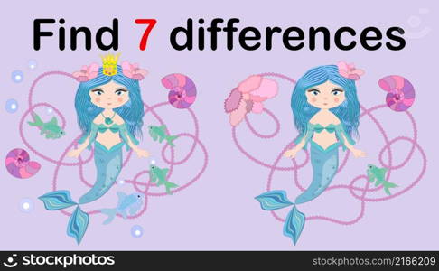 Education game for preschool kids, find the differences. Beautiful mermaid with a string of pearls. Cartoon illustration. Education game for preschool kids, find the differences. Beautiful mermaid with a string of pearls. Cartoon illustration.