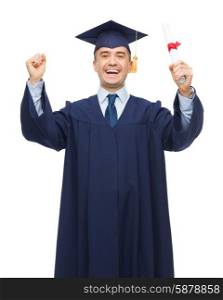 education, graduation and people concept - smiling adult student in mortarboard with diploma rising hands up and laughing