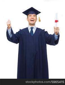 education, graduation and people concept - smiling adult student in mortarboard with diploma showing thumbs up and laughing