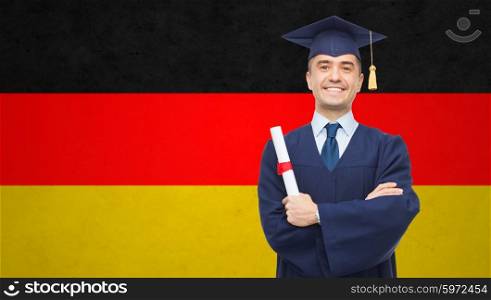 education, graduation and people concept - smiling adult student in mortarboard with diploma over german flag background