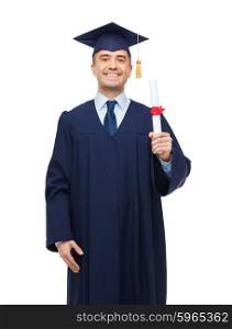 education, graduation and people concept - smiling adult student in mortarboard with diploma