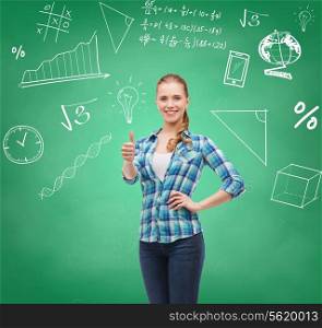 education, happiness and people concept - smiling student girl showing thumbs up over green board background