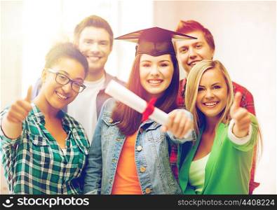 education - happy girl in graduation cap with certificate and students. student girl in graduation cap with diploma
