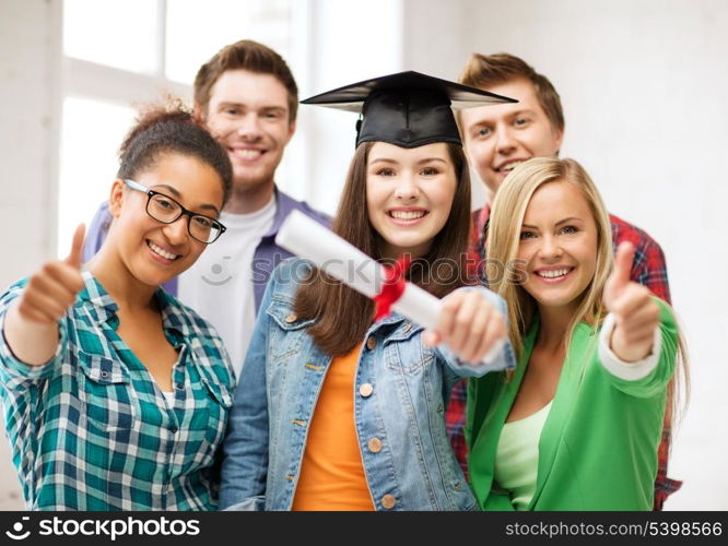 education - happy girl in graduation cap with certificate and students