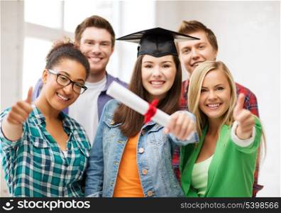 education - happy girl in graduation cap with certificate and students