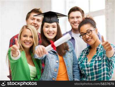 education - happy girl in graduation cap with certificate and students