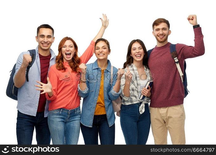 education, high school and people concept - group of happy students celebrating success over white background. group of happy students celebrating success