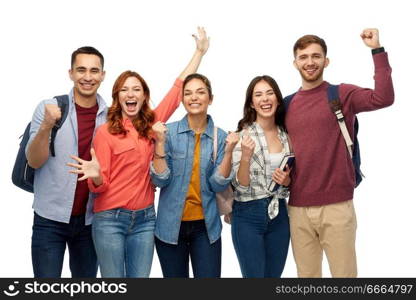 education, high school and people concept - group of happy students celebrating success over white background. group of happy students celebrating success