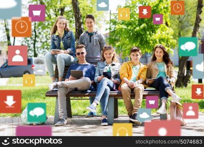 education, high school and people concept - group of happy teenage students with tablet pc computers outdoors. group of teenage students with tablet pc outdoors