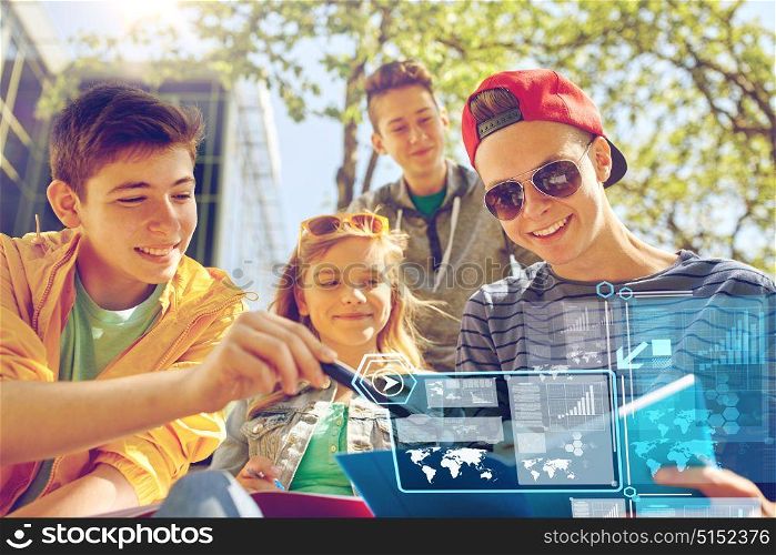 education, high school and people concept - group of happy teenage students with notebooks learning outdoors over virtual screens. group of students with notebooks at school yard