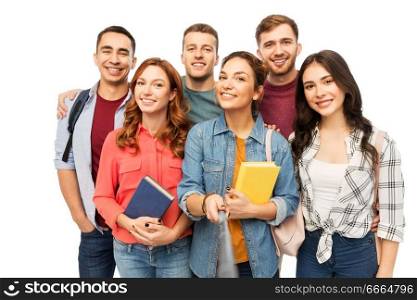 education, high school and people concept - group of smiling students with books taking selfie over white background. group of smiling students with books taking selfie