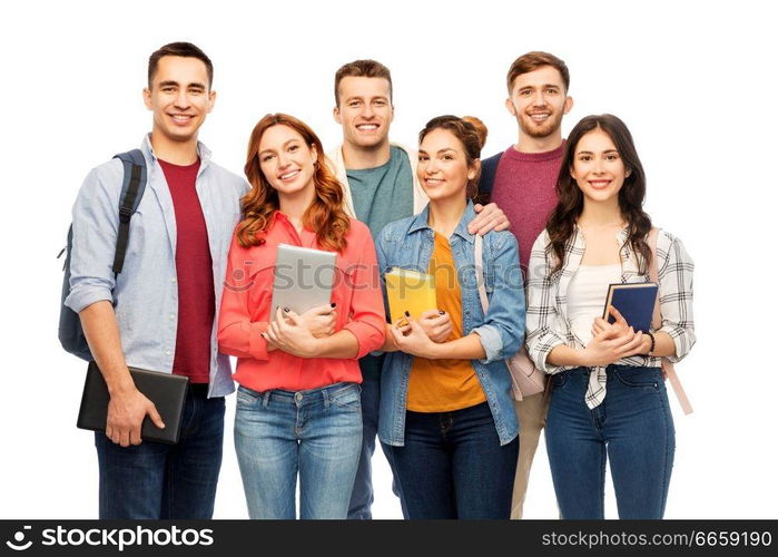 education, high school and people concept - group of smiling students with books over white background. group of smiling students with books