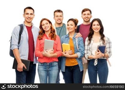 education, high school and people concept - group of smiling students with books over white background. group of smiling students with books