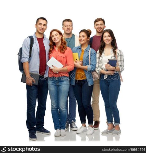 education, high school and people concept - group of smiling students with books over white background. group of students with books and school bags