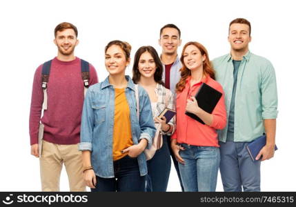 education, high school and people concept - group of smiling students with books over white background. group of smiling students with books