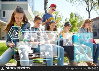 education, high school and people concept - group of teenage students with notebooks learning outdoors over virtual screens. group of students with notebooks at school yard