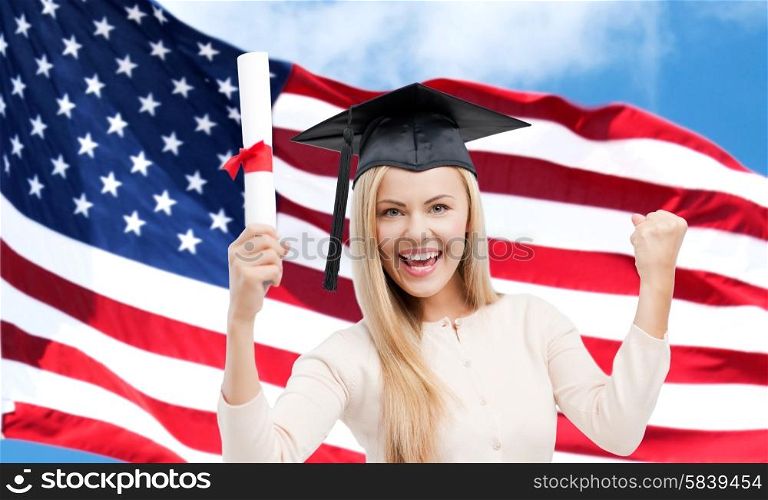 education, high school, knowledge, graduation and people concept - happy student girl or woman in trencher cap with diploma certificate over american flag background