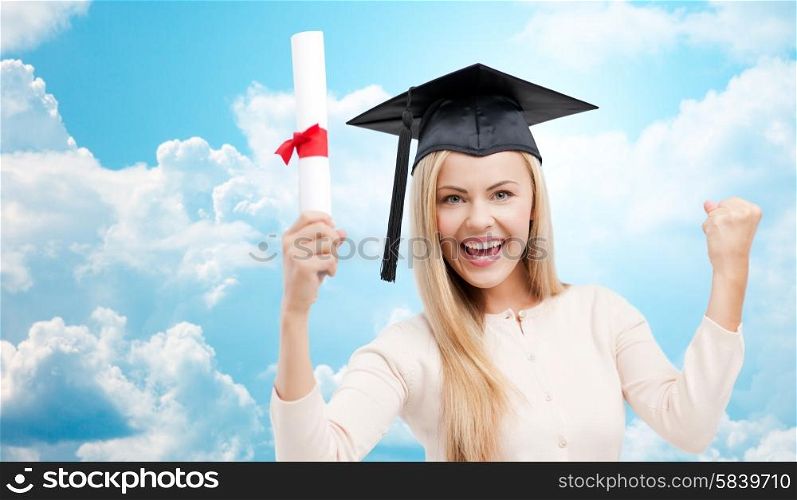 education, high school, knowledge, graduation and people concept - happy student girl or woman in trencher cap with diploma certificate over blue sky and clouds background