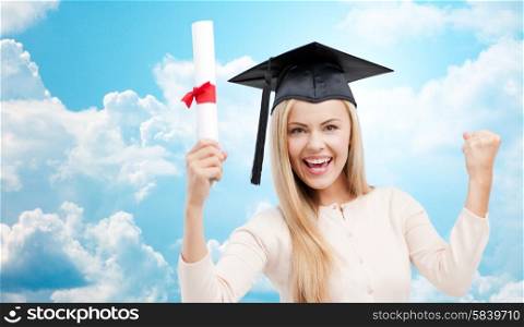 education, high school, knowledge, graduation and people concept - happy student girl or woman in trencher cap with diploma certificate over blue sky and clouds background