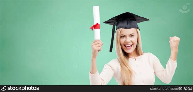 education, high school, knowledge, graduation and people concept - happy student girl or woman in trencher cap with diploma certificate over green chalk board background