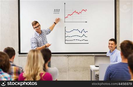 education, high school, learning, technology and people concept - student standing with remote control in front of teacher and classmates and showing chart on white board in classroom