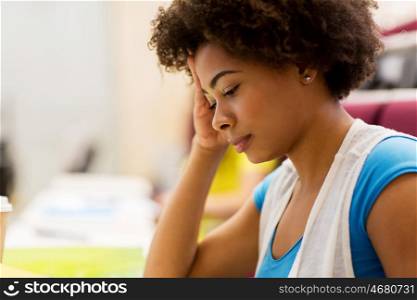 education, high school, university, learning and people concept - close up of african student girl on lecture