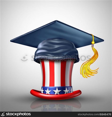 Education in the United States for private and public schools as a mortar board or graduation cap on an American star and stripes top hat as a learning and USA university or college metaphor as a 3D illustration.