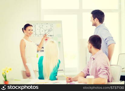 education, interior design and office concept - smiling interior designers having meeting in office