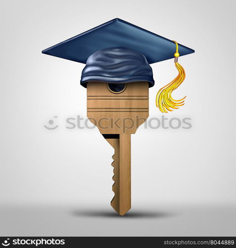 Education key symbol representing learning success or graduating student metaphor as a tool to open a lock object as a 3D illustration.