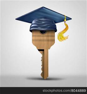 Education key symbol representing learning success or graduating student metaphor as a tool to open a lock object as a 3D illustration.