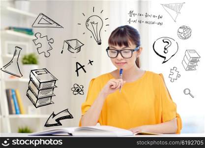 education, knowledge, vision, literature and people concept - smiling young asian woman or student girl in glasses reading book at home over school doodles over doodles