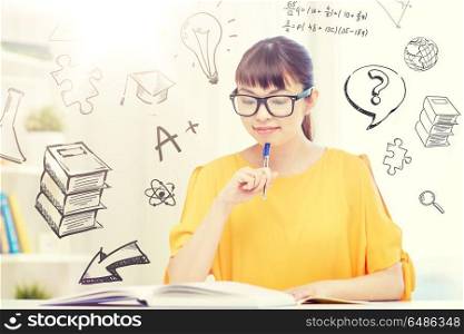 education, knowledge, vision, literature and people concept - smiling young asian woman or student girl in glasses reading book at home over school doodles over doodles. smiling young asian woman reading book at home. smiling young asian woman reading book at home