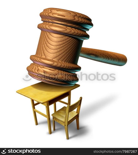 Education law and school justice with a judge mallet or judges wooden gavel hammering a student class desk as a metaphor for public safety teacher or student abuse with a legal lawyer or attorney guidance for curriculum and learning issues.
