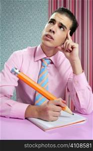 Education metaphor, student young businessman with big pencil