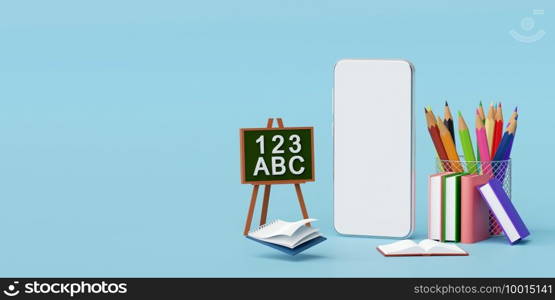 Education online concept, Banner of Smartphone with education supplies, 3d Illustration