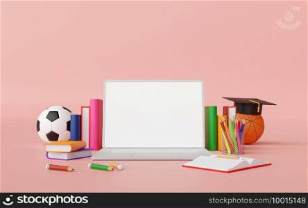 Education online concept, Laptop with education supplies, 3d Illustration