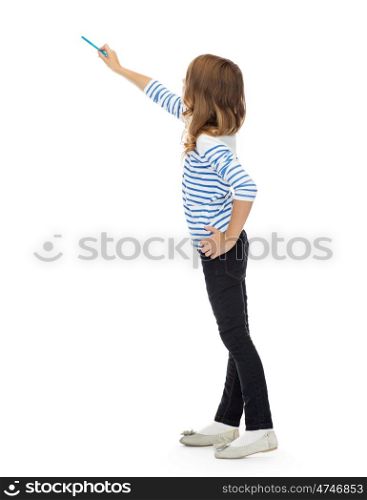 education, people and childhood concept - girl pointing marker at something invisible over white