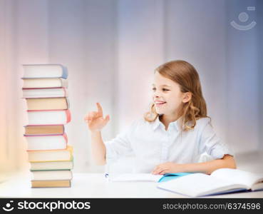 education, people, children and school concept - happy smiling student girl counting books over rose quartz and serenity gradient background. happy smiling student girl counting books