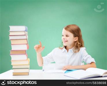 education, people, children and school concept - happy student girl sitting at table and counting books over green chalk board background