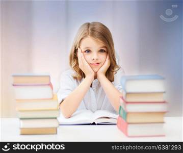 education, people, children and school concept - student girl reading book over rose quartz and serenity gradient background. student girl reading book