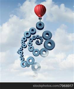 Education plan and training strategy concept with an organized group of gears and cog wheels in the shape of a human head and brain being built in the sky with a red hot air balloon as a symbol of learning with technology and the internet.