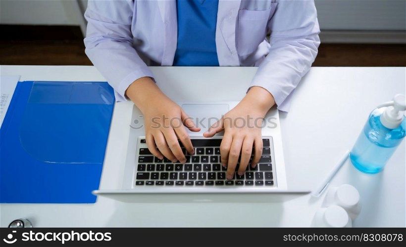 Education profession doctor in white uniform gown coat. Professional medical doctor with tablet and papers at seminar or hospital Coronavirus cancer healthcare.