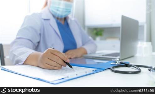 Education profession doctor in white uniform gown coat. Professional medical doctor with tablet and papers at seminar or hospital Coronavirus cancer healthcare.