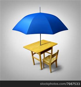 Education protection and teaching shelter for literacy and learning as a generic school desk with an umbrella as a symbol for protecting and providing security to students.