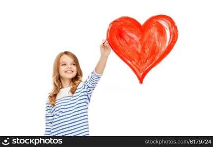 education, school and art concept - cute little girl drawing big red heart in the air