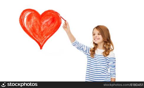 education, school and art concept - cute little girl drawing big red heart in the air