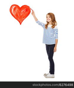 education, school and art concept - cute little girl drawing big red heart in the air