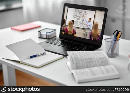 education, school and distant learning concept - open laptop computer with teacher and students on screen, notebook and book on table at home. laptop&rsquo;s screen with teacher and students on table