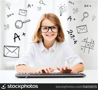 education, school and future technology concept - little student girl with keyboard and imaginary screen at school