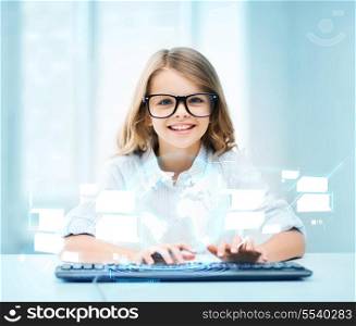 education, school and future technology concept - little student girl with keyboard and virtual screen at school